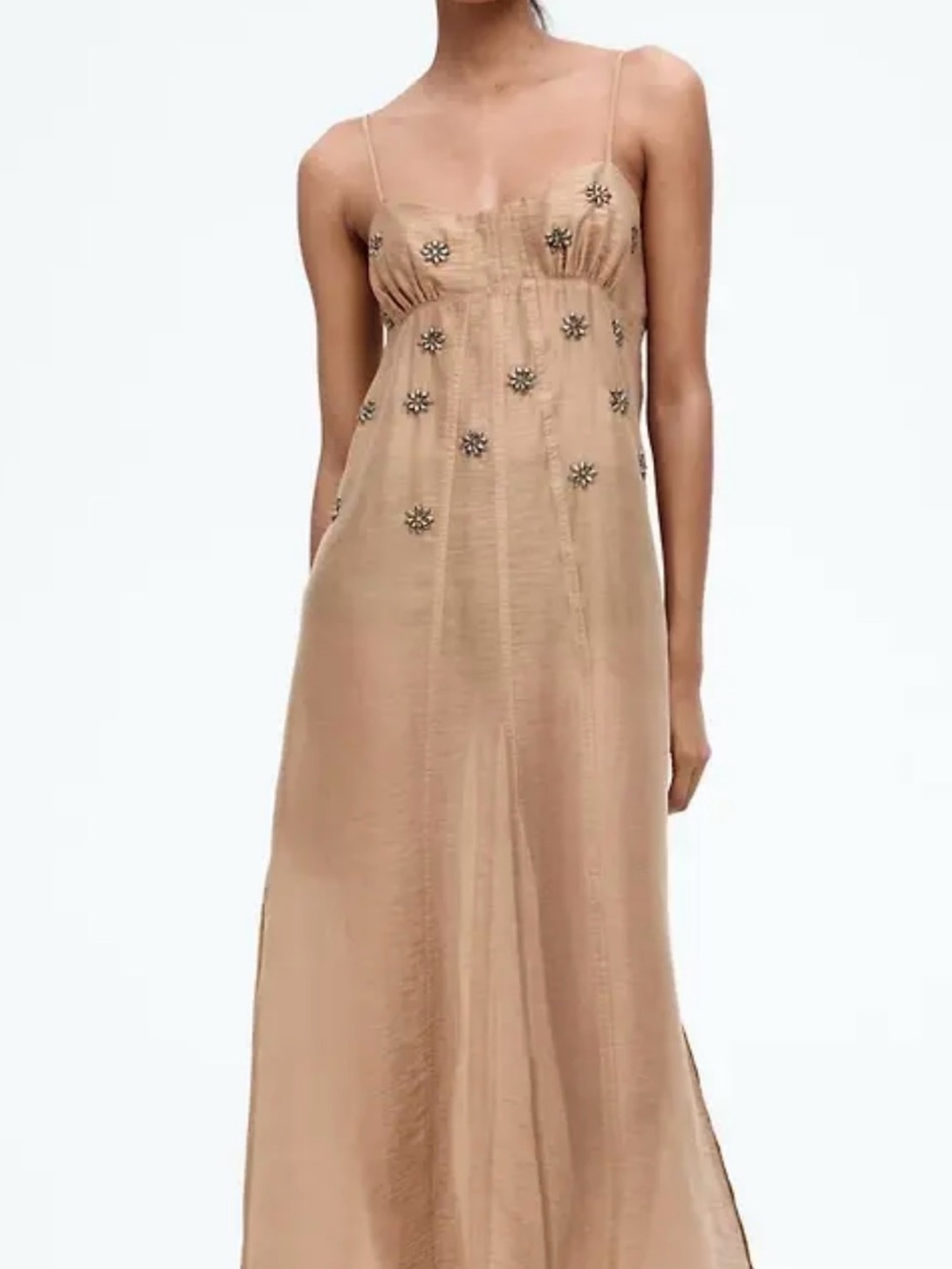 H&M Tan Beaded Spaghetti-Strap Jumpsuit